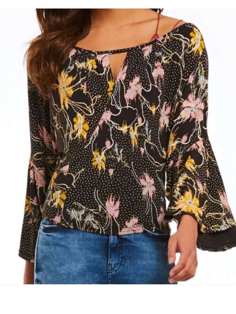 Free People Black Floral Keyhole Bell Sleeve Top with Pink & Yellow Accents